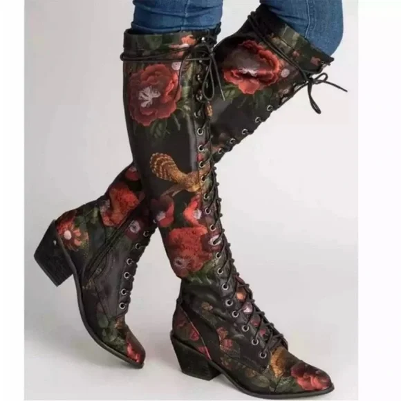 Jeffrey Campbell X Free People Floral Fabric Joe Boots Lace Up Knee High - Picture 3 of 5